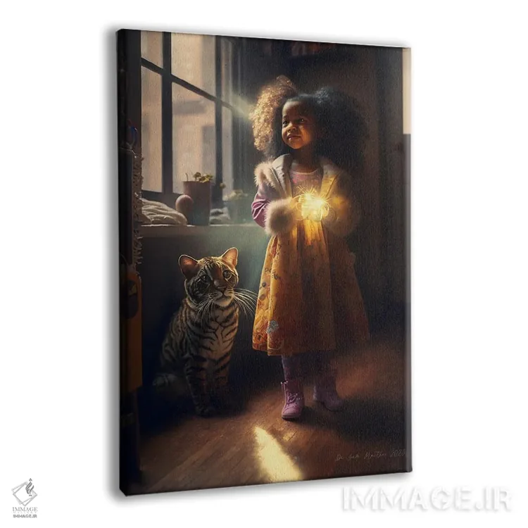 تابلو دکوراتیو دختر جوان و حیوان روحی گربه سان ۳A اثر دیجیتال وایلد آرت - نمای پرسپکتیو محصول