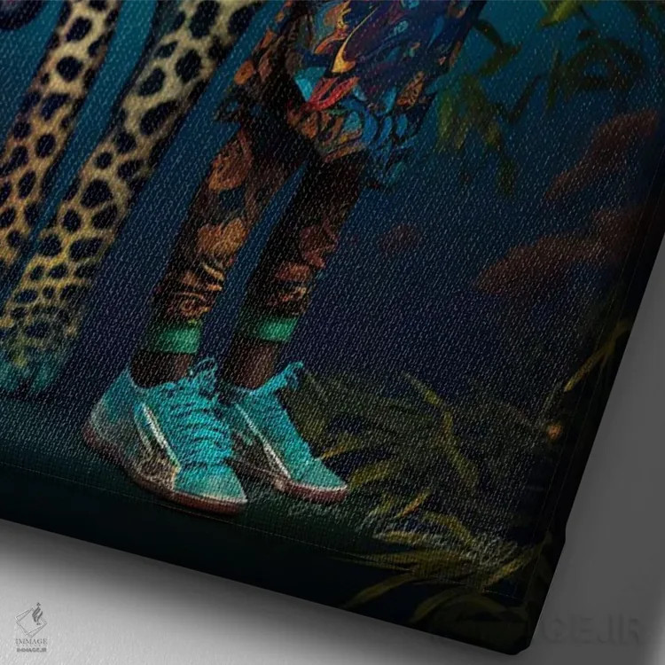 تابلو دکوراتیو دختر جوان و حیوان روحی گربه سان ۲ اثر دیجیتال وایلد آرت - نمای نزدیک بافت بوم