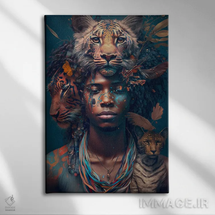 تابلو دکوراتیو پسر جوان و حیوان روحی گربه سان ۲ اثر دیجیتال وایلد آرت - نمای روبهرو روی دیوار