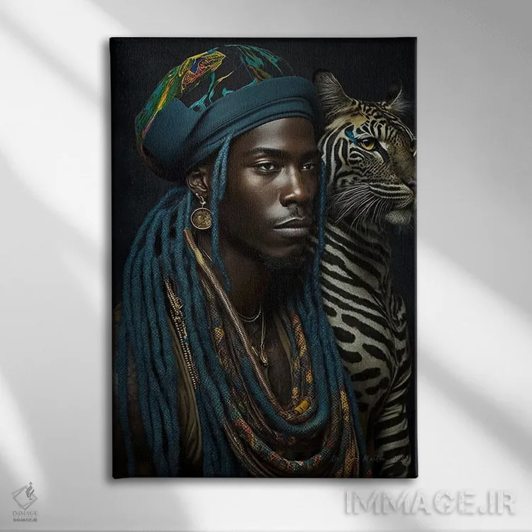 تابلو دکوراتیو پسر جوان و حیوان روحی گربه سان ۱ اثر دیجیتال وایلد آرت - نمای روبهرو روی دیوار