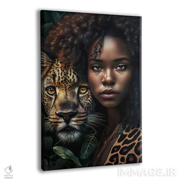 تابلو دکوراتیو زن جوان و حیوان روحی گربه سان ۱ اثر دیجیتال وایلد آرت - نمای پرسپکتیو محصول