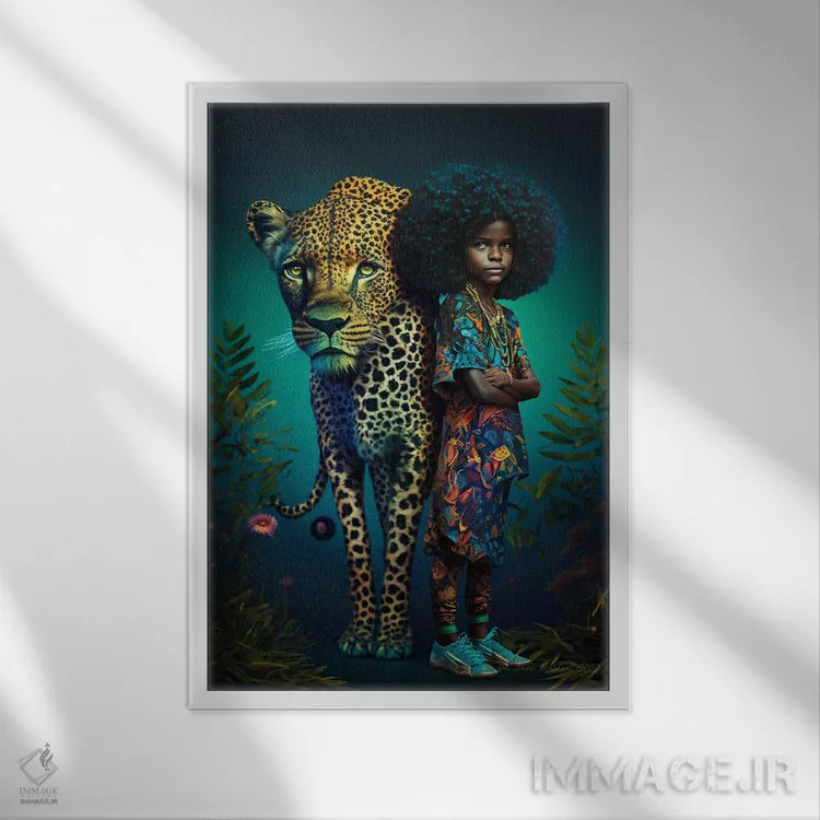 تابلو دکوراتیو دختر جوان و حیوان روحی گربه سان ۲ اثر دیجیتال وایلد آرت - نمای قابدار سفید