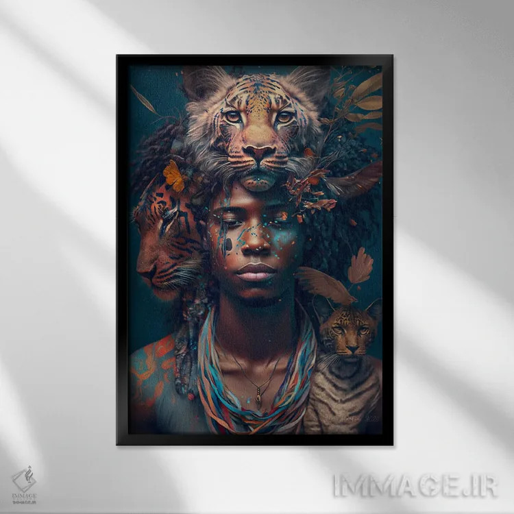 تابلو دکوراتیو پسر جوان و حیوان روحی گربه سان ۲ اثر دیجیتال وایلد آرت - نمای قابدار مشکی