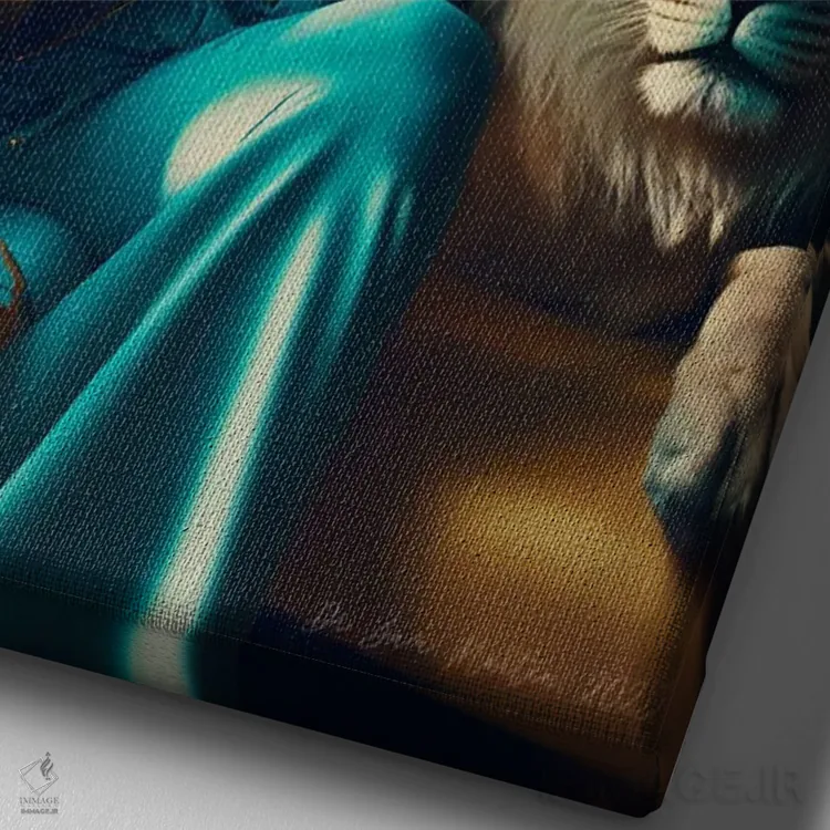 تابلو دکوراتیو زن جوان و حیوان روحی گربه سان ۴ اثر دیجیتال وایلد آرت - نمای نزدیک بافت بوم