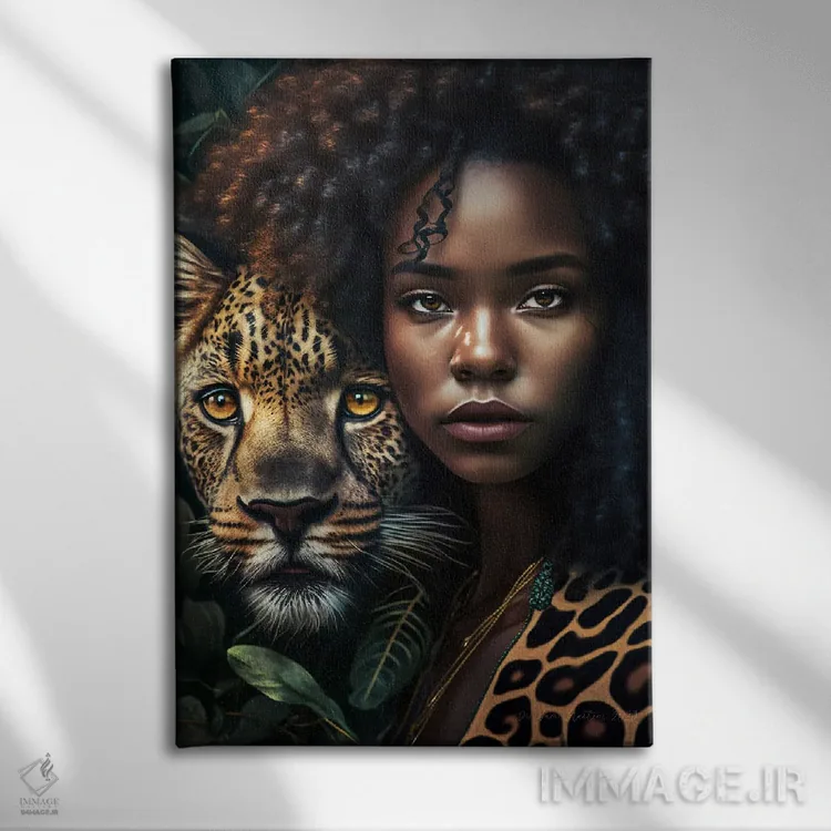 تابلو دکوراتیو زن جوان و حیوان روحی گربه سان ۱ اثر دیجیتال وایلد آرت - نمای روبهرو روی دیوار