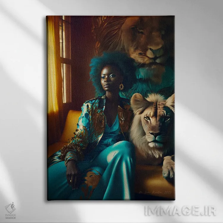 تابلو دکوراتیو زن جوان و حیوان روحی گربه سان ۴ اثر دیجیتال وایلد آرت - نمای روبهرو روی دیوار