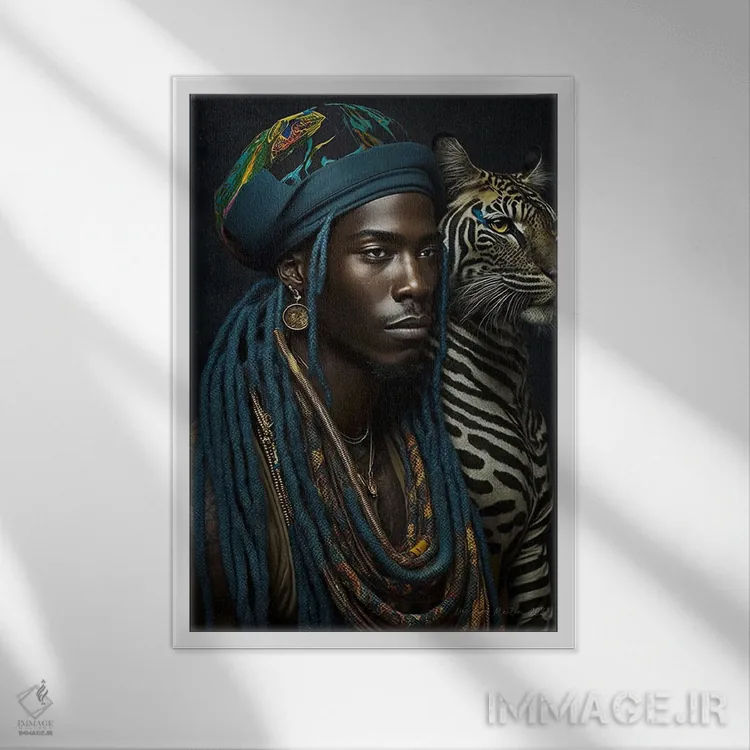 تابلو دکوراتیو پسر جوان و حیوان روحی گربه سان ۱ اثر دیجیتال وایلد آرت - نمای قابدار سفید