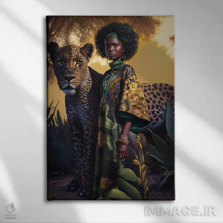 تابلو دکوراتیو زن جوان و حیوان روحی گربه سان ۲ اثر دیجیتال وایلد آرت - نمای روبهرو روی دیوار