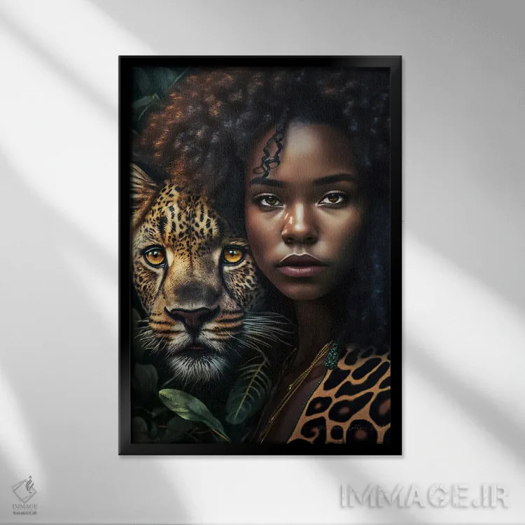 تابلو دکوراتیو زن جوان و حیوان روحی گربه سان ۱ اثر دیجیتال وایلد آرت - نمای قابدار مشکی