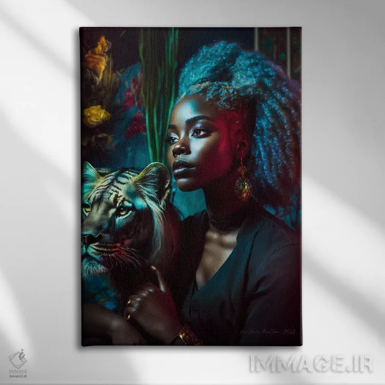 تابلو دکوراتیو زن جوان و حیوان روحی گربه سان ۵ اثر دیجیتال وایلد آرت - نمای روبهرو روی دیوار