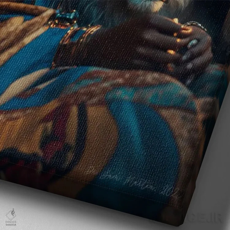 تابلو دکوراتیو زن جوان و حیوان روحی گربه سان ۳ اثر دیجیتال وایلد آرت - نمای نزدیک بافت بوم