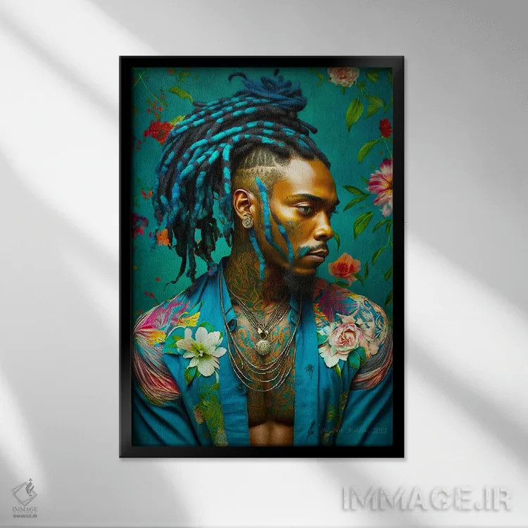 تابلو دکوراتیو پسر جوان با پیراهن گلدار ۱ اثر دیجیتال وایلد آرت - نمای قابدار مشکی