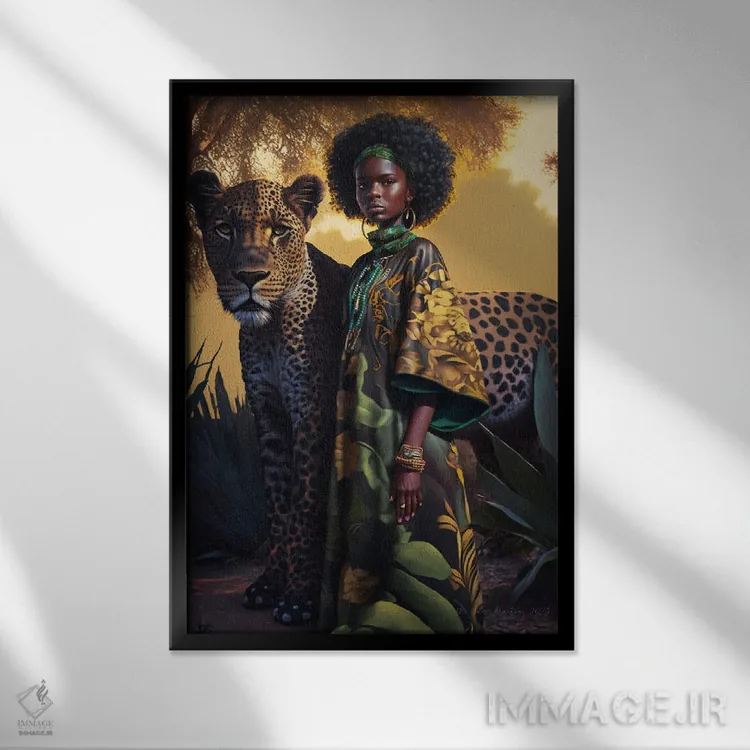 تابلو دکوراتیو زن جوان و حیوان روحی گربه سان ۲ اثر دیجیتال وایلد آرت - نمای قابدار مشکی