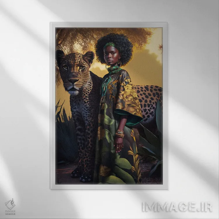 تابلو دکوراتیو زن جوان و حیوان روحی گربه سان ۲ اثر دیجیتال وایلد آرت - نمای قابدار سفید