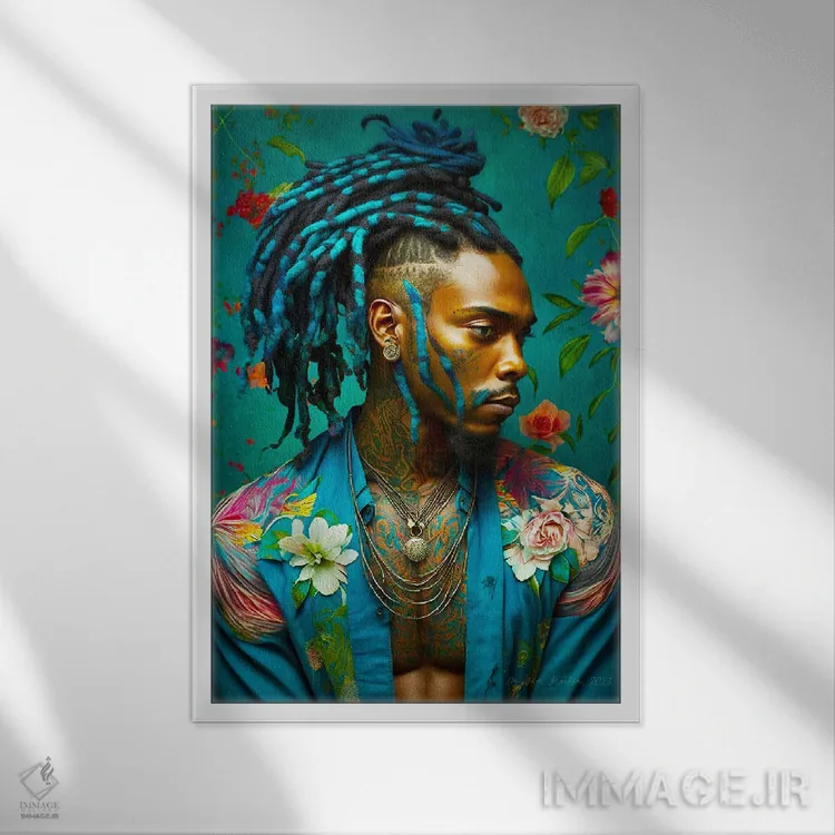 تابلو دکوراتیو پسر جوان با پیراهن گلدار ۱ اثر دیجیتال وایلد آرت - نمای قابدار سفید