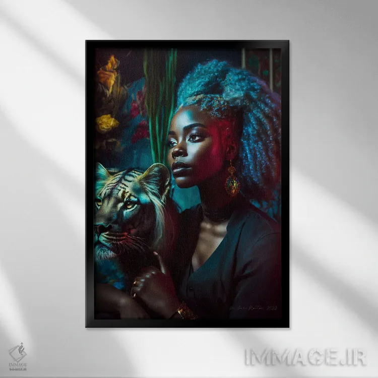 تابلو دکوراتیو زن جوان و حیوان روحی گربه سان ۵ اثر دیجیتال وایلد آرت - نمای قابدار مشکی