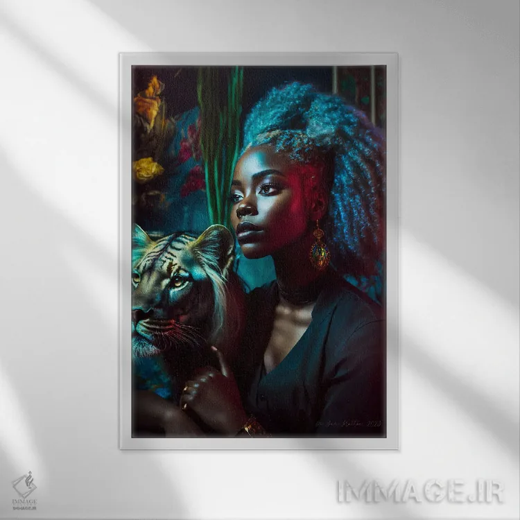 تابلو دکوراتیو زن جوان و حیوان روحی گربه سان ۵ اثر دیجیتال وایلد آرت - نمای قابدار سفید