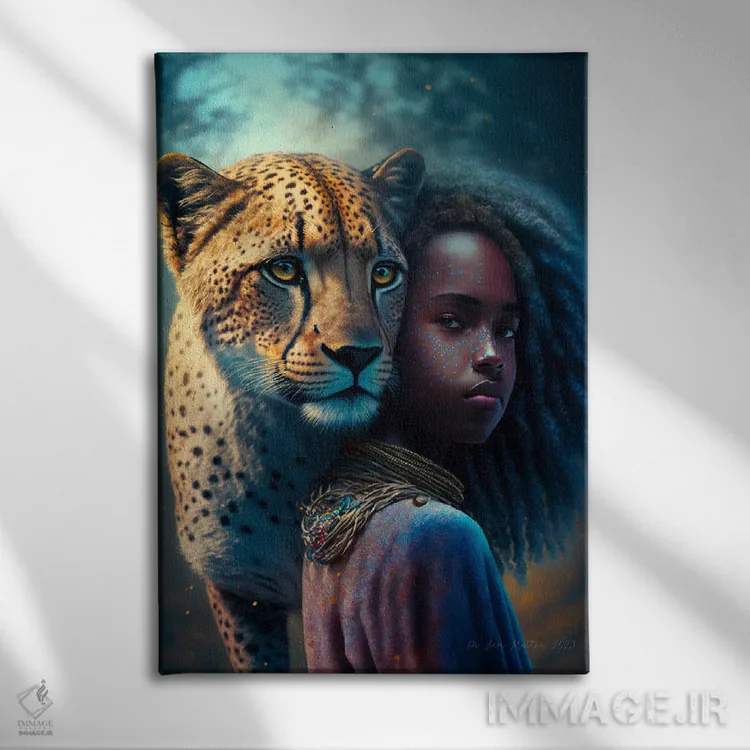 تابلو دکوراتیو دختر آفریقایی آینده گرا اثر دیجیتال وایلد آرت - نمای روبهرو روی دیوار