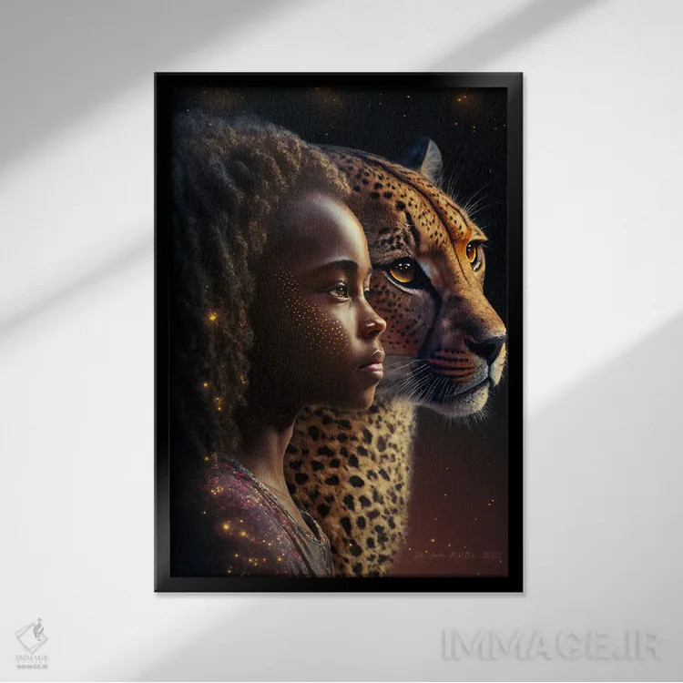 تابلو دکوراتیو دختر آفریقایی آینده گرا اثر دیجیتال وایلد آرت - نمای قابدار مشکی