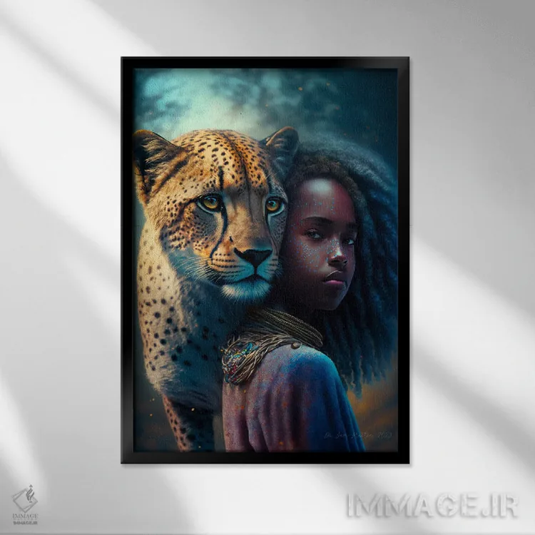 تابلو دکوراتیو دختر آفریقایی آینده گرا اثر دیجیتال وایلد آرت - نمای قابدار مشکی