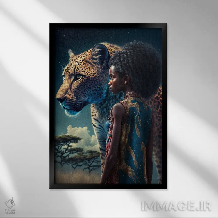 تابلو دکوراتیو دختر آفریقایی آینده گرا اثر دیجیتال وایلد آرت - نمای قابدار مشکی