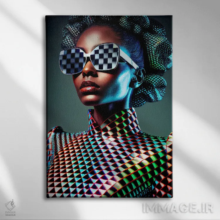 تابلو دکوراتیو مد پیکسلی آفریقایی آینده گرا ۱ اثر دیجیتال وایلد آرت - نمای روبهرو روی دیوار