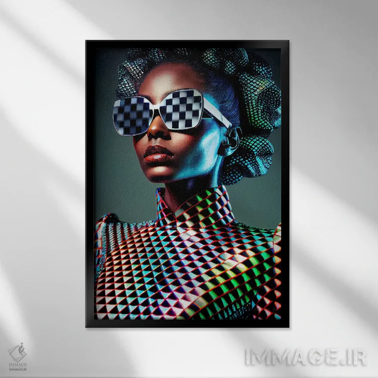 تابلو دکوراتیو مد پیکسلی آفریقایی آینده گرا ۱ اثر دیجیتال وایلد آرت - نمای قابدار مشکی