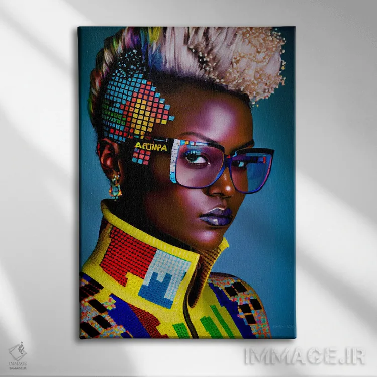 تابلو دکوراتیو مد پیکسلی آفریقایی آینده گرا ۹ اثر دیجیتال وایلد آرت - نمای روبهرو روی دیوار