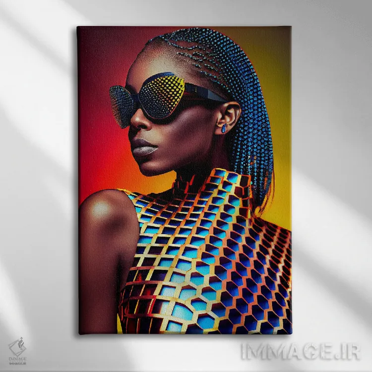 تابلو دکوراتیو مد پیکسلی آفریقایی آینده گرا ۴ اثر دیجیتال وایلد آرت - نمای روبهرو روی دیوار