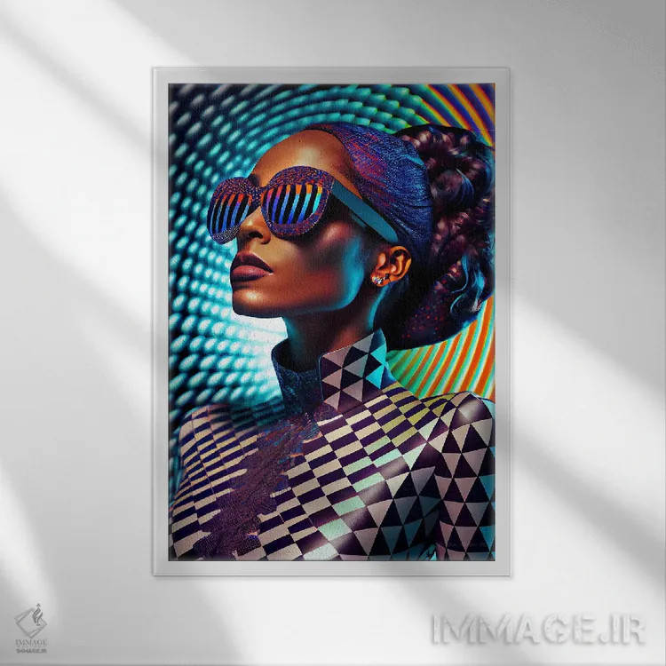 تابلو دکوراتیو مد پیکسلی آفریقایی آینده گرا ۳ اثر دیجیتال وایلد آرت - نمای قابدار سفید