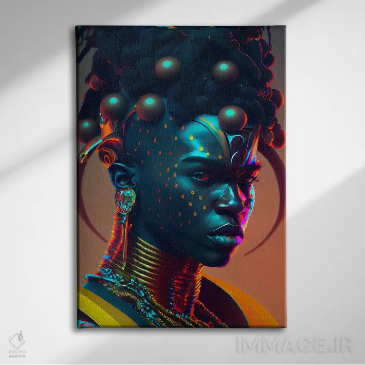 تابلو دکوراتیو شاهزاده سلطنتی آفریقایی آینده گرا ۱ اثر دیجیتال وایلد آرت - نمای روبهرو روی دیوار