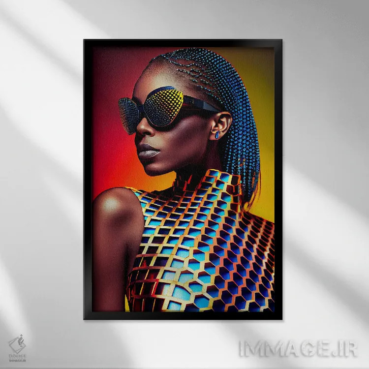 تابلو دکوراتیو مد پیکسلی آفریقایی آینده گرا ۴ اثر دیجیتال وایلد آرت - نمای قابدار مشکی