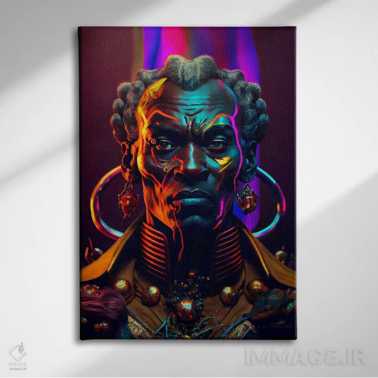 تابلو دکوراتیو مرد سلطنتی آفریقایی آینده گرا ۱ اثر دیجیتال وایلد آرت - نمای روبهرو روی دیوار