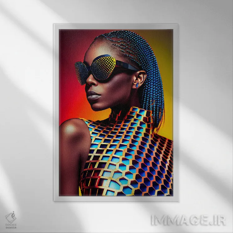 تابلو دکوراتیو مد پیکسلی آفریقایی آینده گرا ۴ اثر دیجیتال وایلد آرت - نمای قابدار سفید