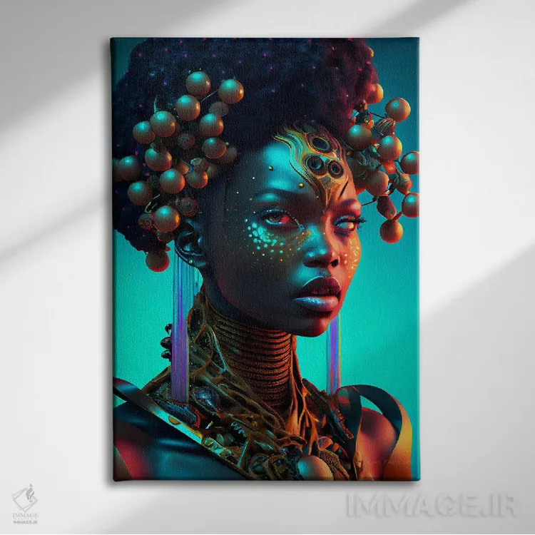 تابلو دکوراتیو ملکه سلطنتی آفریقایی آینده گرا ۲ اثر دیجیتال وایلد آرت - نمای روبهرو روی دیوار