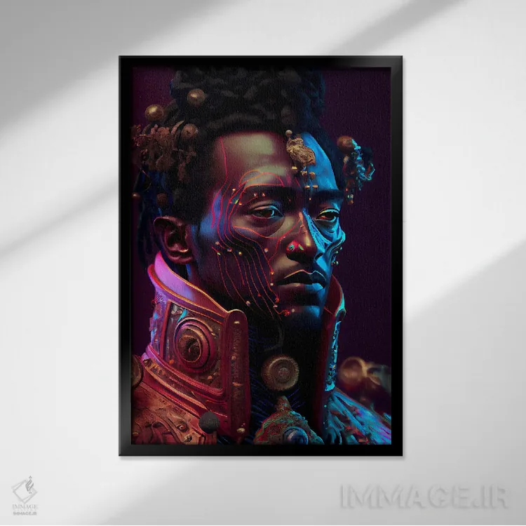 تابلو دکوراتیو شاه سلطنتی آفریقایی آینده گرا ۱ اثر دیجیتال وایلد آرت - نمای قابدار مشکی