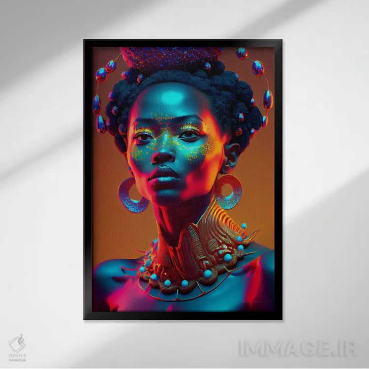 تابلو دکوراتیو ملکه سلطنتی آفریقایی آینده گرا ۱ اثر دیجیتال وایلد آرت - نمای قابدار مشکی