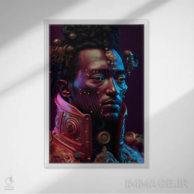 تابلو دکوراتیو شاه سلطنتی آفریقایی آینده گرا ۱ اثر دیجیتال وایلد آرت - نمای قابدار سفید