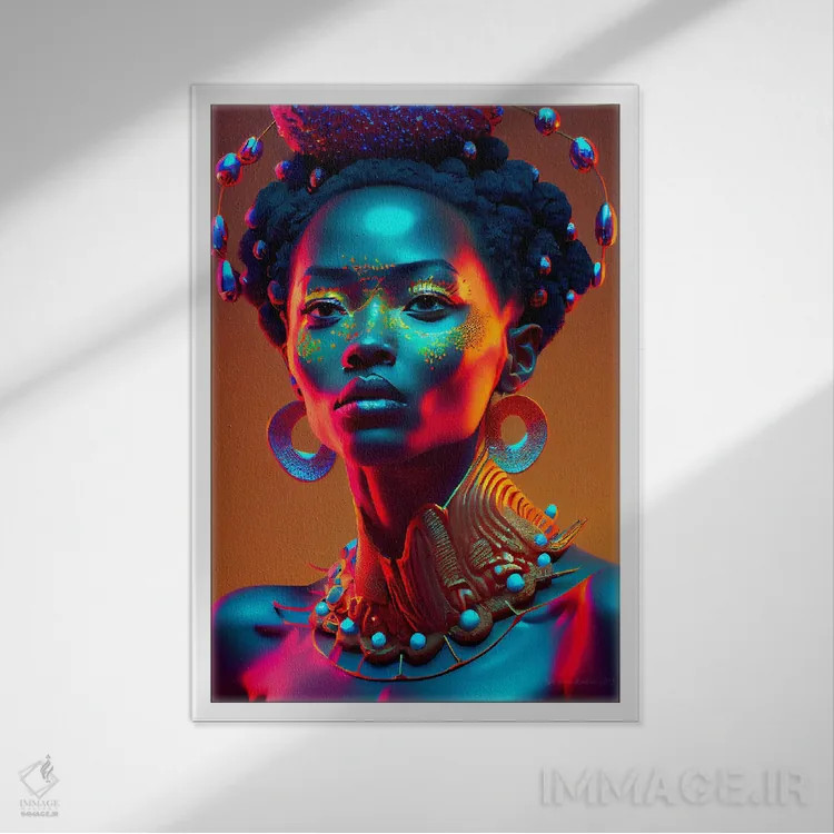 تابلو دکوراتیو ملکه سلطنتی آفریقایی آینده گرا ۱ اثر دیجیتال وایلد آرت - نمای قابدار سفید