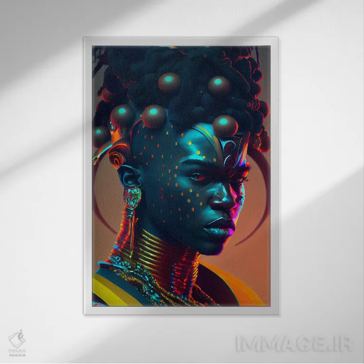 تابلو دکوراتیو شاهزاده سلطنتی آفریقایی آینده گرا ۱ اثر دیجیتال وایلد آرت - نمای قابدار سفید