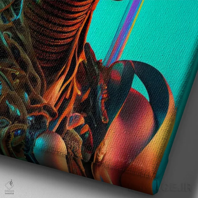 تابلو دکوراتیو ملکه سلطنتی آفریقایی آینده گرا ۲ اثر دیجیتال وایلد آرت - نمای نزدیک بافت بوم
