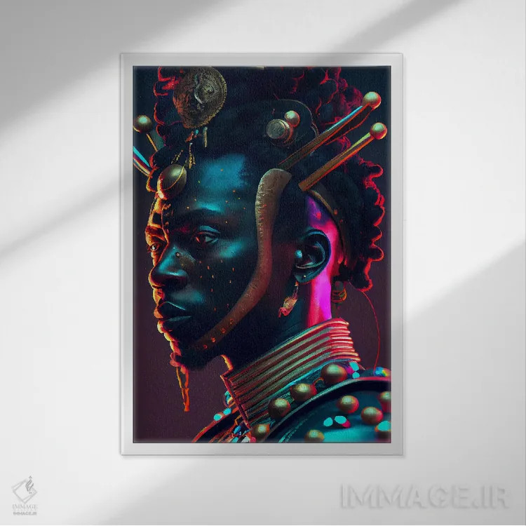 تابلو دکوراتیو شاه سلطنتی آفریقایی آینده گرا ۲ اثر دیجیتال وایلد آرت - نمای قابدار سفید