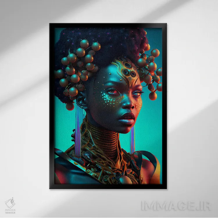 تابلو دکوراتیو ملکه سلطنتی آفریقایی آینده گرا ۲ اثر دیجیتال وایلد آرت - نمای قابدار مشکی