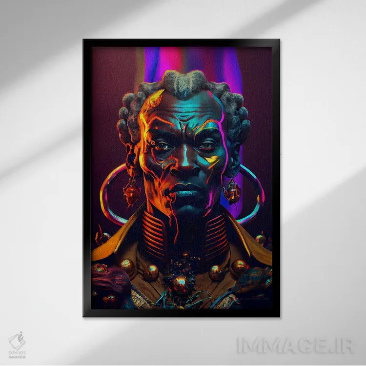 تابلو دکوراتیو مرد سلطنتی آفریقایی آینده گرا ۱ اثر دیجیتال وایلد آرت - نمای قابدار مشکی