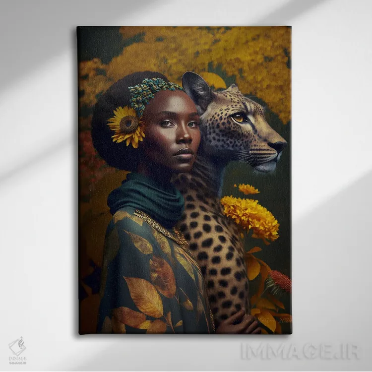 تابلو دکوراتیو زن آفریقایی آینده گرا اثر دیجیتال وایلد آرت - نمای روبهرو روی دیوار