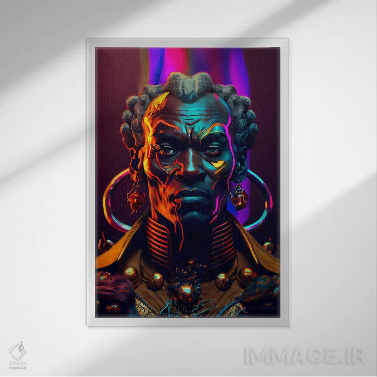 تابلو دکوراتیو مرد سلطنتی آفریقایی آینده گرا ۱ اثر دیجیتال وایلد آرت - نمای قابدار سفید