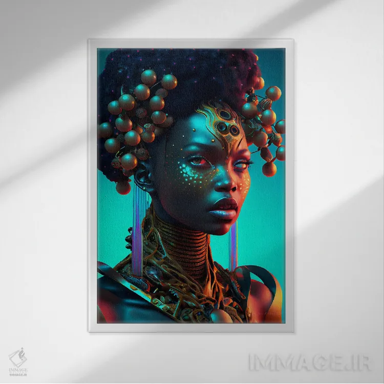 تابلو دکوراتیو ملکه سلطنتی آفریقایی آینده گرا ۲ اثر دیجیتال وایلد آرت - نمای قابدار سفید