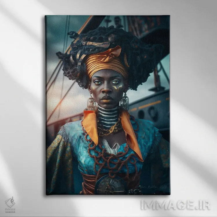تابلو دکوراتیو دزد دریایی زن آفریقایی آینده گرا ۳ اثر دیجیتال وایلد آرت - نمای روبهرو روی دیوار