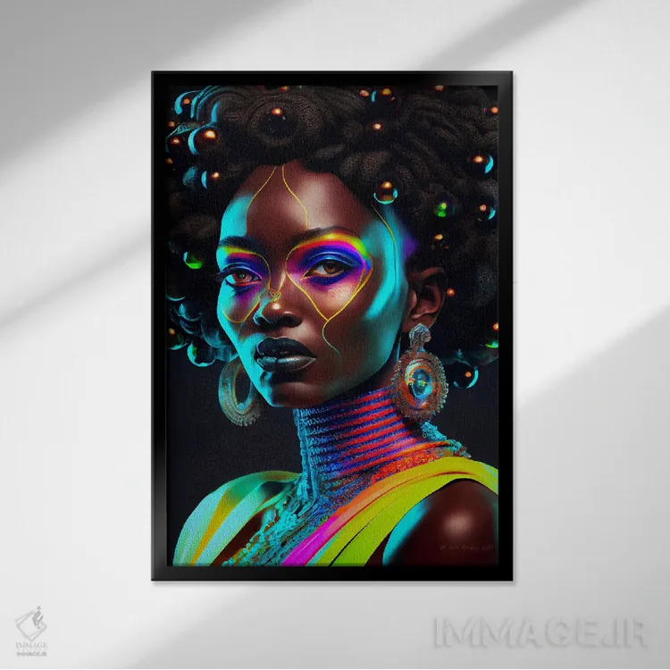 تابلو دکوراتیو زن سلطنتی آفریقایی آینده گرا ۲ اثر دیجیتال وایلد آرت - نمای قابدار مشکی