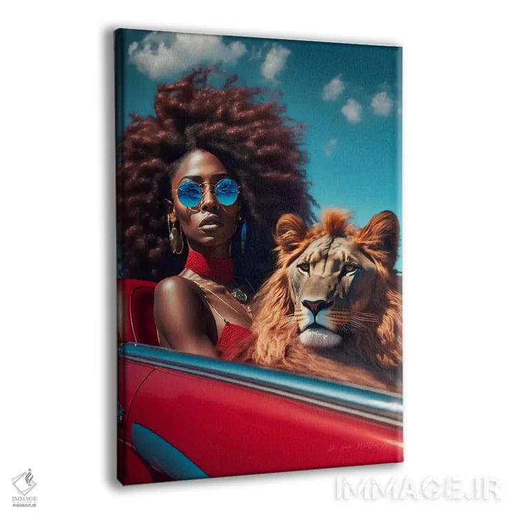 تابلو دکوراتیو زن آفریقایی آینده گرا در خودروی قرمز همراه با حیوان ر… اثر دیجیتال وایلد آرت - نمای پرسپکتیو محصول